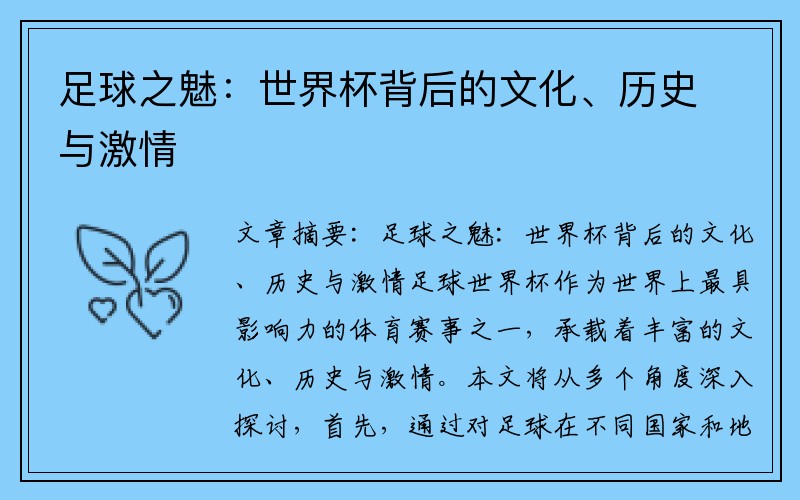 足球之魅：世界杯背后的文化、历史与激情