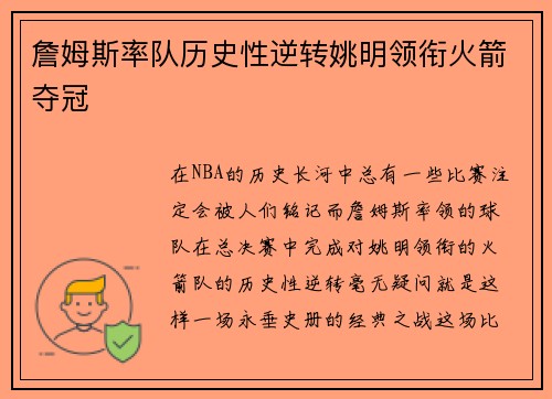 詹姆斯率队历史性逆转姚明领衔火箭夺冠